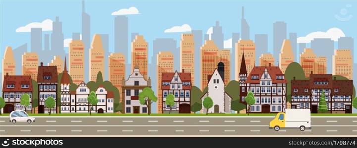 City landscape seamless horizontal illustration. Cityscape skyscrappers, historical, suburban houses, downtown. Vector cartoon style isolated. City landscape seamless horizontal illustration. Cityscape skyscrappers, historical, suburban houses, downtown. Vector cartoon style