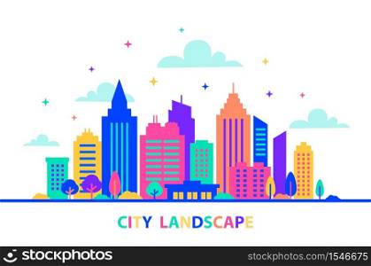 City landscape. Silhouettes of buildings with neon glow and vivid colors. City landscape template. Flat style illustration in neon vivid colors. Cityscape background, Urban life. Vector illustration.. City landscape. Silhouettes of buildings with neon glow and vivid colors. City landscape template. Flat style illustration in neon vivid colors. Cityscape background, Urban life.