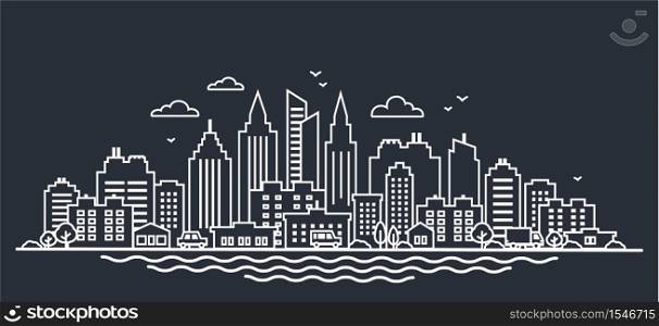 City landscape template. Thin line night City landscape. Downtown landscape with high skyscrapers on dark. Panorama architecture Goverment buildings outline illustration. Skyline Vector illustration. City landscape template. Thin line night City landscape. Downtown landscape with high skyscrapers on dark. Panorama architecture Goverment buildings outline illustration. Skyline