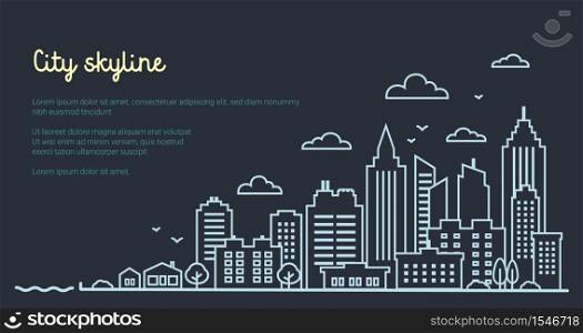 City landscape template. Thin line night City landscape. Downtown landscape with high skyscrapers on dark. Panorama architecture Goverment buildings outline illustration. Skyline Vector illustration. City landscape template. Thin line night City landscape. Downtown landscape with high skyscrapers on dark. Panorama architecture Goverment buildings outline illustration. Skyline