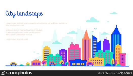 City landscape template with copy space. Flat style Silhouettes of buildings in neon glow vivid colors. Downtown skyscrapers. Panorama architecture Goverment buildings Vector. City landscape template with copy space. Flat style Silhouettes of buildings in neon glow vivid colors. Downtown skyscrapers. Panorama architecture Goverment buildings