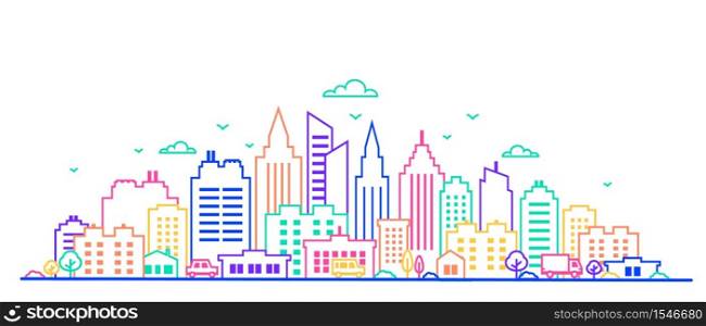City landscape. Thin line City landscape in neon glow vivid colors.. Downtown landscape with high skyscrapers. Panorama architecture Goverment buildings Isolated outline illustration. Urban life Vector illustration. City landscape. Thin line City landscape in neon glow vivid colors.. Downtown landscape with high skyscrapers. Panorama architecture Goverment buildings Isolated outline illustration. Urban life