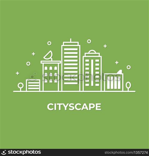City landscape with building. Flat line vector illustration of tower cityscape. minimal style.