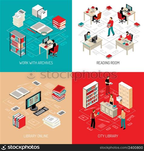 City library reading room with online archive and catalog access 4 isometric icons square abstract vector illustration. Document Archive Library 4 Isometric Icons