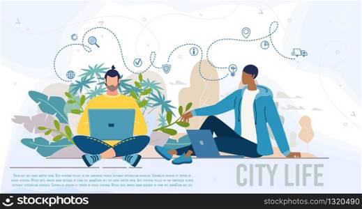 City Life, Modern People Daily Work Lifestyle Flat Vector Web Banner, Landing Page Template. Multinational Man in Casual Clothing, Sitting on Ground, Resting in Park, Working on Laptop Illustration