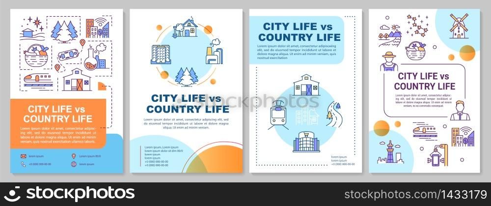 City life vs country life brochure template. Urban and rural lifestyle. Flyer, booklet, leaflet print, cover design with linear icons. Vector layouts for magazines, annual reports, advertising posters. City life vs country life brochure template