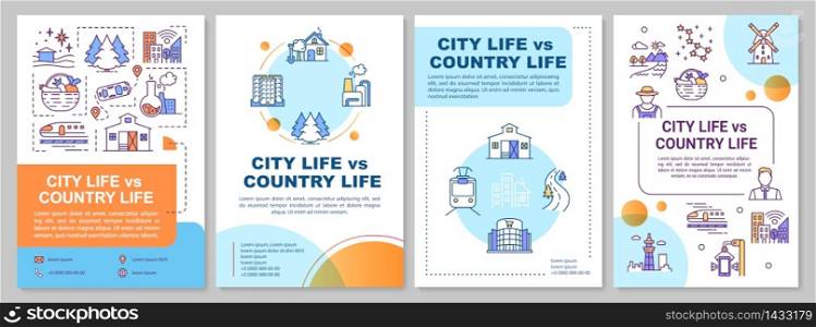 City life vs country life brochure template. Urban and rural lifestyle. Flyer, booklet, leaflet print, cover design with linear icons. Vector layouts for magazines, annual reports, advertising posters. City life vs country life brochure template