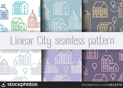 City Line seamless. Set seamless repeating linear pattern of urban buildings and structures