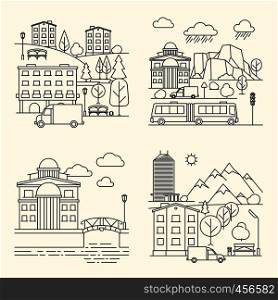 City linear elements. City buildings and transport, urban landscape in line style. Vector illustration. City linear elements in line style