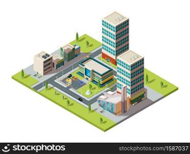 City mall. Urban isometric landscape with big modern building of retail hypermarket shopping center vector 3d map. Illustration isometric market and mall city, retail store. City mall. Urban isometric landscape with big modern building of retail hypermarket shopping center vector 3d map