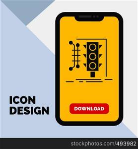City, management, monitoring, smart, traffic Glyph Icon in Mobile for Download Page. Yellow Background. Vector EPS10 Abstract Template background