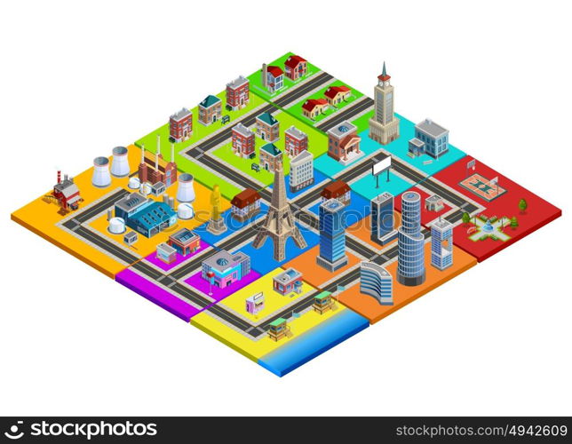 City Map Constructor Colorful Isometric Image. City map isometric construction from colorful blocks of residential industrial commercial business areas and landmarks vector illustration