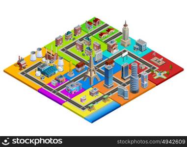 City Map Constructor Colorful Isometric Image. City map isometric construction from colorful blocks of residential industrial commercial business areas and landmarks vector illustration