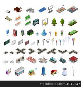 City Map Constructor Isometric Elements Collection . Modern city infrastructure isometric elements set of map constructor arcades buildings streets bridges and utilities isolated vector illustration