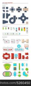 City Map Creator Top View. City map creator of top view elements grouped by roads transport buildings and additional objects vector illustration