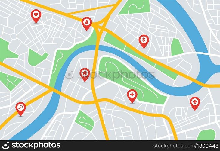 City map gps navigation with location pin markers. Urban downtown roads, parks, river. Red pointers on roadmap navigator vector illustration. Guidance to find destination, trip planning. City map gps navigation with location pin markers. Urban downtown roads, parks, river. Red pointers on roadmap navigator vector illustration