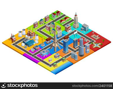 City map isometric construction from colorful blocks of residential industrial commercial business areas and landmarks vector illustration. City Map Constructor Colorful Isometric Image