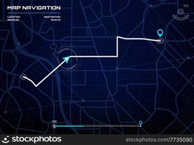 City map navigation interface, GPS navigator screen with street roads and location, vector background. City road map screen interface with compass and destination points and traffic route direction. City map navigation interface GPS navigator screen