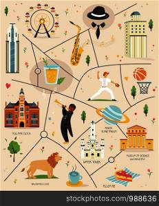 City map of Chicago with landmarks, symbols, objects, Vector illustration. Tourism in USA. Suitable for travel posters, books, advertisement, tour guides. City map of Chicago with landmarks and symbols