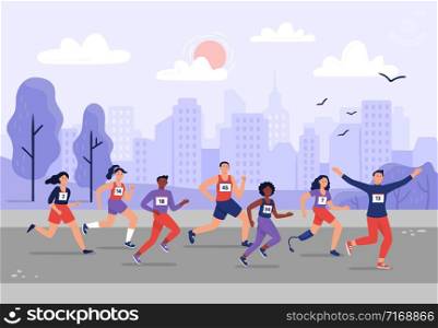 City marathon. People running together, athletic training and sport marathons runners vector illustration. Male and female sprinters taking part in sprint race against urban buildings on background.. City marathon. People running together, athletic training and sport marathons runners vector illustration