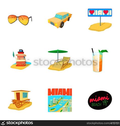 City Miami icons set. Cartoon illustration of 9 city Miami vector icons for web. City Miami icons set, cartoon style