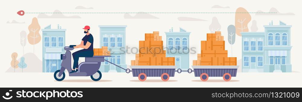 City Mobile Delivery Company, Shop Goods Shipment Service Flat Vector Concept. Man Riding Scooter on City Street, Pulling Trailers Full of Cardboard Boxes, Transporting Parcels to Clients Illustration