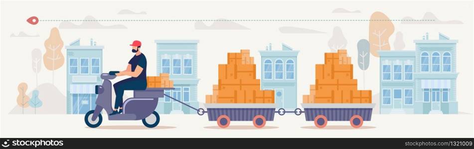 City Mobile Delivery Company, Shop Goods Shipment Service Flat Vector Concept. Man Riding Scooter on City Street, Pulling Trailers Full of Cardboard Boxes, Transporting Parcels to Clients Illustration
