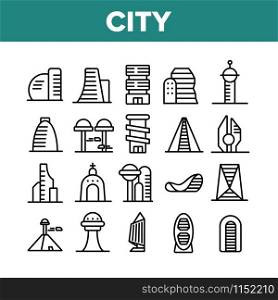 City Modern Building Collection Icons Set Vector Thin Line. Church And Tower, Skyscraper And Pyramid City Urban Constructions Concept Linear Pictograms. Monochrome Contour Illustrations. City Modern Building Collection Icons Set Vector