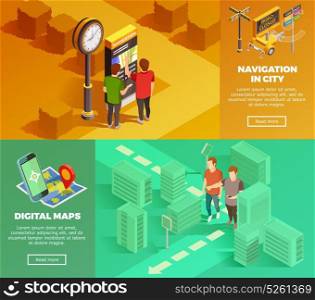 City Navigation Isometric Banners. Colorful horizontal city navigation with digital maps isometric banners set isolated vector illustration