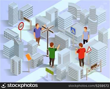 City Navigation Isometric Composition. City navigation with help of digital maps isometric composition vector illustration