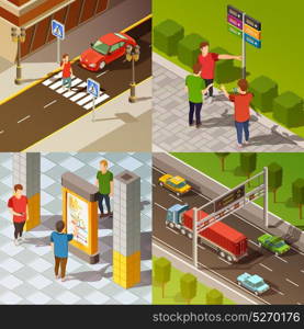 City Navigation Isometric Composition. Colorful city navigation 2x2 isometric composition isolated vector illustration