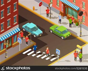 City Navigation Isometric Set. City navigation with digital maps in busy street isometric set vector illustration