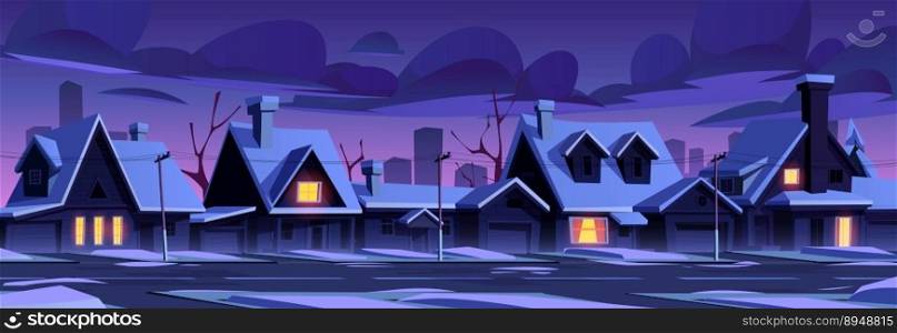City neighborhood with street, houses and snow at night. Winter landscape of suburban district with cottages, residential buildings and road, vector cartoon illustration. City neighborhood with houses and snow at night