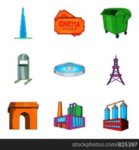 City network icons set. Cartoon set of 9 city network vector icons for web isolated on white background. City network icons set, cartoon style