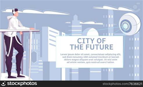 City of future flat background with teen looking at abstract futuristic object radiating light rays and flying over skyscrapers vector illustration