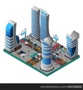 City Of Future Isometric Template. City of future isometric template with futuristic buildings skyscrapers cars people road metro station isolated vector illustration
