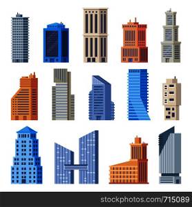 City office buildings. Glass building, modern urban offices exterior and town tall houses. Business apartment construction, cityscape architecture isolated vector icons set. City office buildings. Glass building, modern urban offices exterior and town tall houses isolated vector set