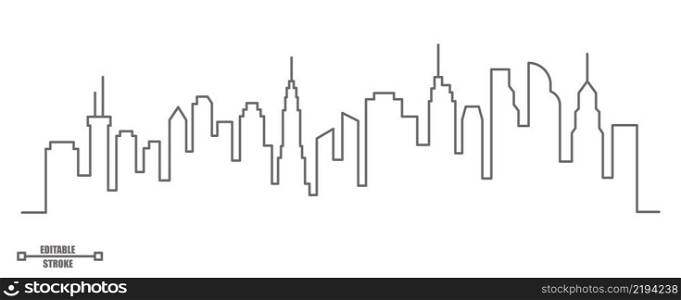 City outline panoramic landscape. Continuous one line buildings drawing. Skyscrapers silhouette. Minimalistic vector editable illustration. EPS 10.. City outline panoramic landscape. Continuous one line buildings drawing. Skyscrapers silhouette. Minimalistic vector editable illustration. EPS 10
