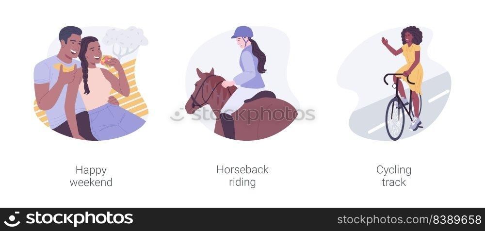 City park activities isolated cartoon vector illustrations set. Happy weekend, horseback riding, cycling track, eating pizza together, biking route, active pastime, leisure time vector cartoon.. City park activities isolated cartoon vector illustrations set.
