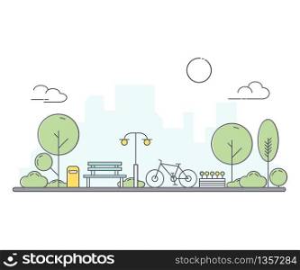 City park and wooden bench. Thin line art style illustration. Green urban public park.
