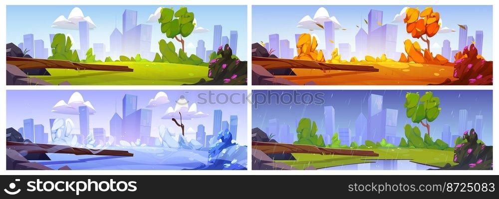 City park at summer, spring, autumn and winter season landscapes set. Scenery backgrounds of public recreational place with trees and lawn at sunny, rainy or cold days, Cartoon vector illustration. City park at summer, spring, autumn, winter season