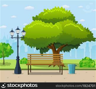 City park bench under a big green tree and lantern with urban landscape in background. Vector illustration in flat style. City park bench under a big green tree