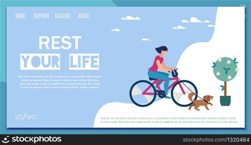 City Park, Comfortable Recreational Area, Public Space for Peoples Leisure Flat Vector Web Banner, Landing Page Template with Woman Riding Bicycle, Walking with Dog, Resting in City Park Illustration