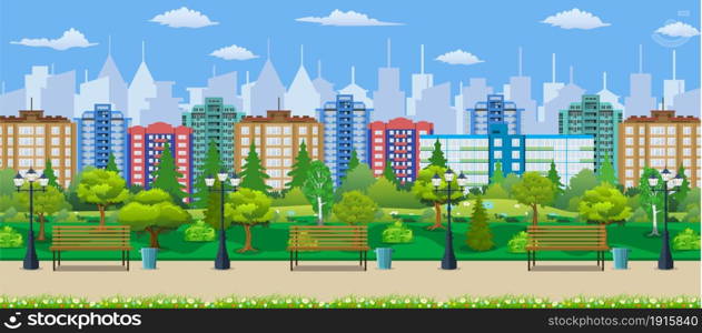 City park concept, wooden bench, street lamp, waste bin in square. Cityscape with buildings and trees. Leisure time in summer city park. Vector illustration in flat style. City park concept, wooden bench, street lamp
