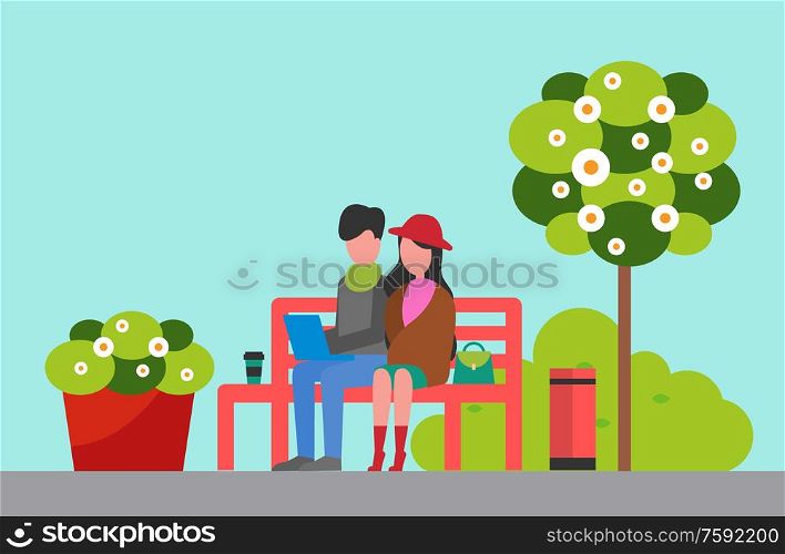 City park, couple sitting on bench with laptop vector. Man and woman, coffee cup and garbage bin, tree and bush with blossom, recreation and nature. Couple Sitting on Bench in City Park with Laptop