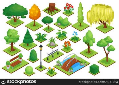 City park element set with plants bridge and trees isometric isolated vector illustration