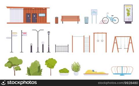 City park elements. Public rest place objects, walking zone parts, lanterns and benches, sports equipment and kids playground, green trees, bushes and flower beds, stand with map vector flat style set. City park elements. Public rest place objects, walking zone parts, lanterns and benches, sports equipment and kids playground, green trees, bushes and flower beds vector flat style set