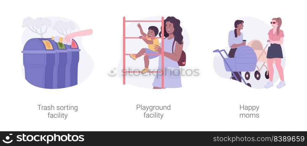 City park environment isolated cartoon vector illustrations set. Trash sorting and recycling facility, playground in the city park, happy moms walk with strollers and drink coffee vector cartoon.. City park environment isolated cartoon vector illustrations set.