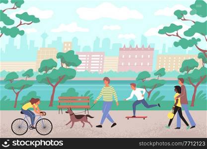 City park flat background with people walking along embankment with dog skateboards and bikes vector illustration. Embankment Of City Park Flat Background