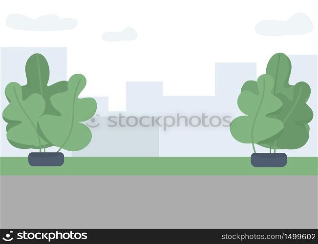 City park flat color vector illustration. Public outdoor recreational place 2D cartoon landscape with cityscape on background. Empty street. Urban greenery, decorative trees near paved walkway. City park flat color vector illustration
